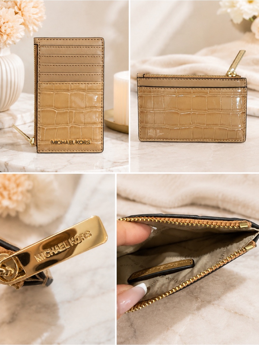 Michael Kors Croc-Embossed Tan Card & Zip Coin Holder with Gold Hardware
